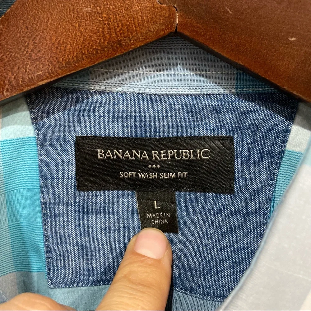 Banana Republic Men's Blue Plaid Button Down Soft Wash Slim Fit Size Large